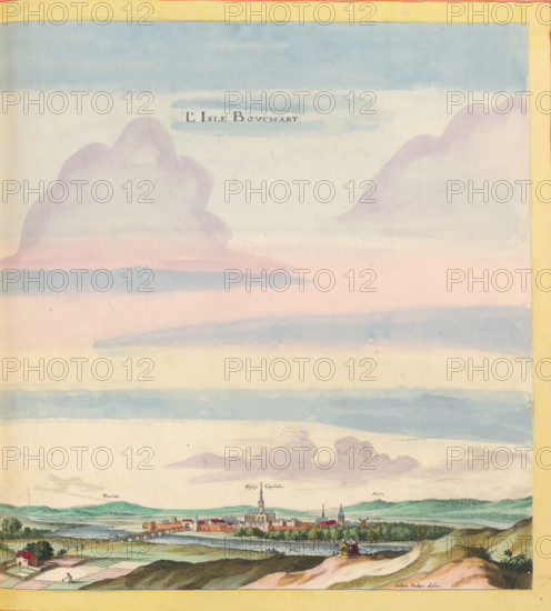 L'Isle Bouchart, View of L'Île-Bouchard, print, album page, This print is part of an album., after drawing by Jan Peeters (I), publisher: Caspar Merian, Frankfurt am Main, colorer (graphic design artist): Anna Beeck, The Hague, 1657, printmaker, colorer (graphic design artist), Hessen, paper, engraving, etching, hand coloring, etching and engraving, hand colored, cut inside the plate edge and pasted in a hand-colored frame, title cut out of the image and glued above it, surrounded by hand-painted sky and clouds, height 298 mm x width 302 mm, height 532 mm x width 320 mm, A wide landscape scene with a broad sky filled with pale blue and pink horizontal bands and soft lavender cloud shapes above a distant town on a riverbank, the town featuring clustered buildings, a prominent church with a tall steeple, and a bridge crossing the river; rolling green hills and fields occupy the foreground with small figures, cultivated plots, and scattered trees, and a small group of people seated on a s...