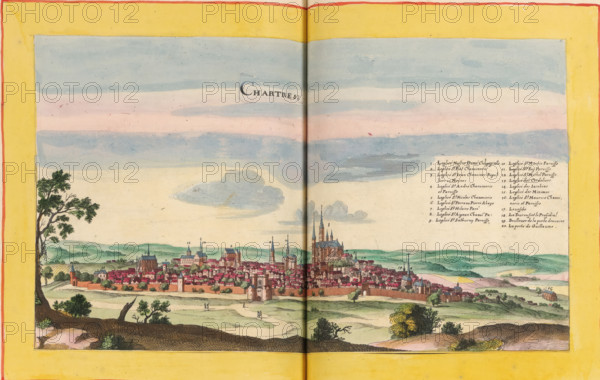 View of Chartres, Chartres, print, album page, This print is part of an album., publisher: Caspar Merian, Frankfurt am Main, colorer (graphic design artist): Anna Beeck, The Hague, 1657, printmaker, colorer (graphic design artist), Hessen, paper, engraving, etching, hand coloring, etching and engraving, hand-colored, cut within plate edge and pasted in a hand-colored frame, title cut out of image and glued above, sky and clouds hand-painted around it, height 178 mm x width 318 mm, height 532 mm x width 636 mm, A colored illustration of a walled town seen from a grassy foreground with scattered trees, shrubs, and rolling hills, featuring numerous clustered buildings with various roof shapes and church spires rising above the skyline; a large cathedral complex with tall towers stands near the center right, surrounded by smaller structures and defensive walls with a gate and towers; a broad sky with horizontal bands of pale blue and pink fills the upper portion, with a few stylized clouds...