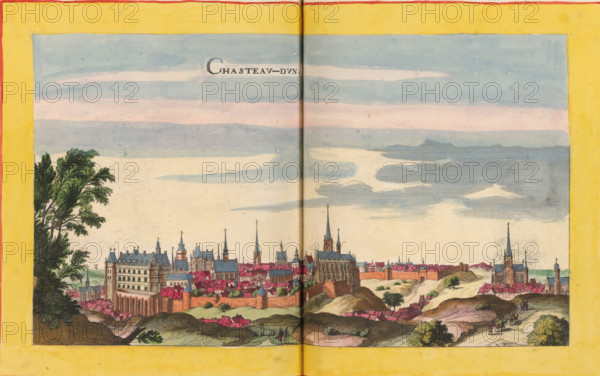Chasteau-Dun, View of Châteaudun, print, album page, This print is part of an album., publisher: Caspar Merian, Frankfurt am Main, colorer (graphic design artist): Anna Beeck, The Hague, 1657, printmaker, colorer (graphic design artist), Hessen, paper, engraving, etching, hand coloring, etching and engraving, hand-colored, cut within the plate edge and pasted in a hand-colored frame, title cut out of the image and glued above, surrounding sky and clouds hand-painted, height 178 mm x width 318 mm, height 532 mm x width 320 mm, A wide panoramic scene framed by a yellow border shows a historic town with clustered buildings and multiple tall church spires rising above red-roofed houses, set against a sky of pale blue and soft pink layered clouds; a fortified wall runs along parts of the settlement, and several larger stone buildings with ornate roofs and towers stand near the center; rolling hills and grassy areas appear in the foreground with a few small groups of people walking on paths,...