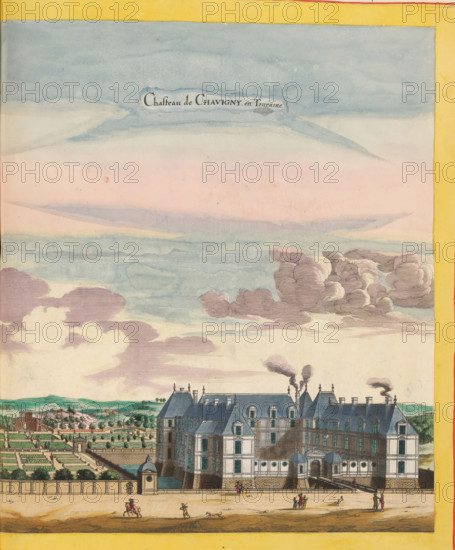 View of Chavigny Castle in Lerné, Chasteau de Chavigny en Touraine, print, album page, This print is part of an album., publisher: Caspar Merian, Frankfurt am Main, colorer (graphic design artist): Anna Beeck, The Hague, 1657, printmaker, colorer (graphic design artist), Hessen, paper, engraving, etching, hand coloring, etching and engraving, hand-colored, cut within the plate edge and pasted in a hand-colored frame, title cut out of the image and glued above, sky and clouds hand-painted around it, height 325 mm x width 287 mm, height 532 mm x width 320 mm, A wide hand-colored print showing a large stone chateau with steep blue-gray roofs, dormer windows, chimneys, and decorative roof finials, set behind a low wall and formal gardens with geometric beds, pathways, and rows of trees; small figures and a horse and rider appear on the sandy foreground path in front of the wall; puffs of dark smoke rise from several chimneys above the roofline; rolling green hills and distant buildings are...