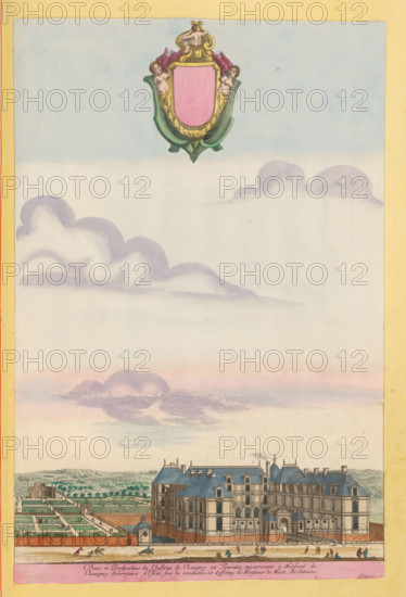 View of Chavigny Castle in Lerné, Veuë et perspetive du chasteau de Chavigny en Touraine, Livre contenant les vues et perspectives de la chapelle et maison de Sorbonne, ensemble de plusieurs autres belles maisons bâties en divers endroits du royaume, Views of various castles, print, album page, This print is part of an album., printmaker: Israël Silvestre, printmaker: Jean Marot (I), publisher: Israël Henriet, Paris, colorer (graphic design artist): Anna Beeck, The Hague, 1631 - 1679, colorer (graphic design artist), Israel Silvestre, paper, engraving, etching, hand coloring, etching and engraving, hand-colored, cut within the plate edge and pasted in a hand-colored frame, title cut out of the image and glued above, sky and clouds hand-painted around it, height 376 mm x width 251 mm, height 532 mm x width 320 mm, landscape with tower or castle, castle, Indre-et-Loire, A tall vertical image with a pale sky occupying most of the upper area, featuring soft pastel clouds in lavender and pi...