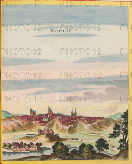 Mortaigne, View of Mortagne-au-Perche, print, album page, This print is part of an album., publisher: Caspar Merian, Frankfurt am Main, colorer (graphic design artist): Anna Beeck, The Hague, 1657, printmaker, colorer (graphic design artist), Hessen, paper, engraving, etching, hand coloring, etching and engraving, hand-colored, cut within plate edge and pasted in a hand-colored frame, title cut out of image and glued above, sky and clouds hand-painted around it, height 344 mm x width 284 mm, height 532 mm x width 320 mm, A hand-colored landscape showing a walled town with clustered red-roofed buildings and several tall church towers rising above the rooftops, set against rolling hills and fortified walls; in the foreground there is a small fortified house or castle on a hill, a river or body of water with a few small buildings on its bank, and scattered trees and paths with tiny figures and riders; the sky occupies a large portion of the scene with layered bands of pale blue and pink c...