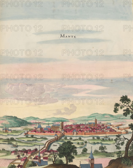View of Mantes-la-Jolie, Mante, print, album page, This print is part of an album., publisher: Caspar Merian, Frankfurt am Main, colorer (graphic design artist): Anna Beeck, The Hague, 1657, printmaker, colorer (graphic design artist), Hessen, paper, engraving, etching, hand coloring, etching and engraving, hand-colored, cut within plate edge and pasted in a hand-colored frame, title cut out of image and glued above, sky and clouds hand-painted around it, height 354 mm x width 285 mm, height 532 mm x width 320 mm, A wide view of a walled town set beside a river with a long bridge leading into it, rows of clustered buildings with varied roof shapes and colors, several prominent church towers and steeples rising above the rooftops, cultivated fields and scattered houses in the foreground, a small boat on the water, rolling green hills in the background, a partly cloudy sky with horizontal bands of pale colors, and a large tree framing the right edge of the scene.