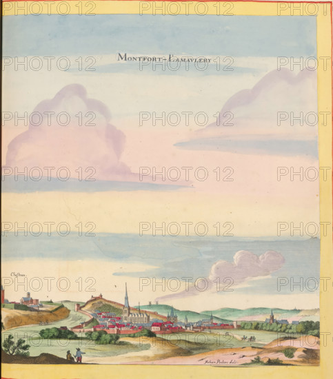 View of Montfort-l'Amaury, Montfort-l'Amaury, print, album page, This print is part of an album., after drawing by Jan Peeters (I), publisher: Caspar Merian, Frankfurt am Main, colorer (graphic design artist): Anna Beeck, The Hague, 1657, printmaker, colorer (graphic design artist), Hessen, paper, engraving, etching, hand coloring, etching and engraving, hand-colored, cut within the plate edge and pasted in a hand-colored frame, title cut out of the image and glued above it, surrounding sky and clouds hand-painted, height 308 mm x width 298 mm, height 532 mm x width 320 mm, A wide landscape view dominated by a pastel sky with large soft clouds in shades of pink, lavender, and blue above a horizon of rolling green hills and fields; below the sky a fortified town sits with clustered red-roofed buildings, a prominent church with a tall spire, other towers and walls, and scattered houses; in the foreground grassy and sandy terrain shows small groups of people, a pair walking near the lower...