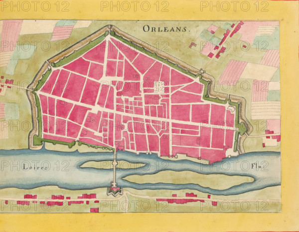 Map of Orléans, Orleans, area plan, print, album page, This print is part of an album., after design by Matthäus Merian (II), publisher: Caspar Merian, Frankfurt am Main, colorer (graphic design artist): Anna Beeck, The Hague, 1657, printmaker, colorer (graphic design artist), Hessen, paper, engraving, etching, hand coloring, etching and engraving, hand colored, cut inside the plate edge and mounted in a hand-colored frame, height 186 mm x width 289 mm, height 532 mm x width 320 mm, A hand-colored map segment showing a fortified town with a geometric outline of walls and bastions surrounding a dense grid of streets and blocks filled with pink and red shading, pale beige streets, and small drawn crosses marking certain plots; green shaded ramparts and grassy areas line the inside of the fortifications, and a wide blue river runs along the lower edge with islands and a bridge connecting to a star-shaped fort on the far bank; beyond the walls are patchwork fields in muted greens, pinks, a...