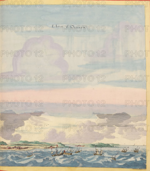 L'Isle d'Oleron, View of Île d'Oléron, print, album page, This print is part of an album., after drawing by Jan Peeters (I), publisher: Caspar Merian, Frankfurt am Main, colorer (graphic design artist): Anna Beeck, The Hague, 1657, Jan Peeters (I), Caspar Merian, Anna Beeck, printmaker, after drawing by, publisher, colorer (graphic design artist), Hessen, paper, engraving, etching, hand coloring, etching and engraving, hand colored, cut off within the edge of the plate and pasted in a hand-colored frame, title cut out of the image and glued above it, surrounded by hand-painted sky and clouds, height 322 mm x width 301mm, height 532mm x width 320mm, A wide view shows a seascape under a pale sky filled with layered clouds in soft blues, pinks, and purples, with darker cloud formations higher above and lighter, more detailed clouds lower near the horizon; below the sky a stretch of land with low green hills and small structures lines the shore, and numerous sailing ships with masts and fl...