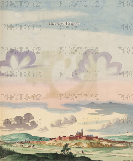 Chasteau-Regnard, View of Château-Renard, print, album page, This print is part of an album., after drawing by Jan Peeters (I), publisher: Caspar Merian, Frankfurt am Main, colorer (graphic design artist): Anna Beeck, The Hague, 1657, printmaker, colorer (graphic design artist), Hessen, paper, engraving, etching, hand coloring, etching and engraving, hand colored, cut inside the plate edge and pasted in a hand-colored frame, title cut out of the image and glued above it, surrounded by hand-painted sky and clouds, height 347 mm x width 300 mm, height 532 mm x width 320 mm, A wide landscape with a fortified town on a hill and a large church with a tall spire surrounded by walls and clustered buildings, rolling green fields and pathways in the foreground where small figures walk and ride horses, a lone tree near the center foreground, distant low hills, and a sky filled with layered clouds in soft pastel tones and larger stylized cloud shapes higher above.