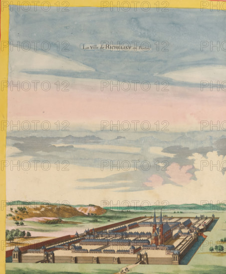 The City of Richelieu in Poictou, View of Richelieu from a bird's-eye perspective, print, album page, This print is part of an album., publisher: Caspar Merian, Frankfurt am Main, colorer (graphic design artist): Anna Beeck, The Hague, 1657, Caspar Merian, Anna Beeck, printmaker, publisher, colorer (graphic design artist), Hesse, paper, engraving, hand coloring, hand-colored, cut within the plate edge and pasted in a hand-colored frame, title cut out of the image and glued above, surrounding sky and clouds hand-painted, height 345 mm x width 288 mm, height 532 mm x width 320 mm, A wide hand-colored engraving showing a fortified town with high walls and corner towers beside a moat, a grid of streets and tightly packed buildings within the walls, and two tall church spires rising above the rooftops; the foreground shows grassy land and a road leading to a gate with small groups of people and scattered trees, while the midground features rolling hills with patches of vegetation and the ba...