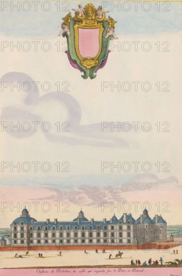 Chasteau de Richelieu du costé qui regarde sur le parc, et Palmail, View of the park side of the castle of Richelieu, Views of various castles, Livre contenant les veuës et perspectives de la chapelle et maison de Sorbonne, ensemble de plusieurs autres belles maisons basties and various endroicts du Royaume, print, album page, This print is part of an album., printmaker: Israël Silvestre, printmaker: Jean Marot (I), publisher: Israël Henriet, Paris, colorer (graphic design artist): Anna Beeck, The Hague, 1649, colorer (graphic design artist), Israel Silvestre, paper, etching, engraving, hand coloring, etching and engraving, hand-colored, cut within the plate edge and pasted in a hand-colored frame, title cut out of the image and glued above, surrounding sky and clouds hand-painted, height 369 mm x width 251 mm, height 532 mm x width 320 mm, From a series of twelve unnumbered prints., castle, Richelieu, A wide vertical scene shows a large classical building with a long facade and blue d...