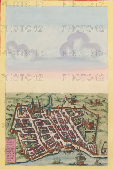 Civitatis Burdegalensis in Aquitanea genvina descrip, View of Bordeaux from a bird's-eye perspective, print, album page, This print is part of an album., printmaker, after design by, publisher, colorer (graphic design artist), Amsterdam, Joris Hoefnagel, Johannes Janssonius, paper, engraving, etching, hand coloring, hand-colored, cut within the plate edge and pasted in a hand-colored frame, sky and clouds hand-painted above the image, height 344 mm x width 220 mm, height 532 mm x width 320 mm, This print has been used in several atlases. Among others in: Braun, Georg & Frans Hogenberg. Civitates orbis terrarum. Slsn, 1572 (and in the later editions of 1574 and 1575), and in: Theatrum exhibens celebriores Galliae et Helvetae urbes. Amsterdam: Johannes Janssonius, 1657., city-view in general, 'veduta', Bordeaux, A tall rectangular image framed by a pale yellow border shows a stylized aerial view of a walled coastal town occupying the lower portion and a wide sky above. The sky displays s...