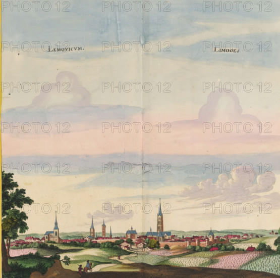 Lemovicum, Limoges, View of Limoges, print, album page, This print is part of an album., publisher: Caspar Merian, Frankfurt am Main, colorer (graphic design artist): Anna Beeck, The Hague, 1657, printmaker, colorer (graphic design artist), Hesse, paper, engraving, etching, hand coloring, etching and engraving, hand-colored, cut within the plate edge and pasted in a hand-colored frame, title cut out of the image and glued above, surrounding sky and clouds hand-painted, height 306 mm x width 307 mm, height 532 mm x width 636 mm, A wide landscape scene with a pale sky showing bands of blue and pink clouds above a town skyline; tall church steeples and towers rise among clustered buildings with red and blue roofs; rolling green fields and hedgerows surround the town, with a winding dirt path leading toward it; trees frame the left edge and small figures, including a person on horseback and a walking companion, appear on a foreground hill.
