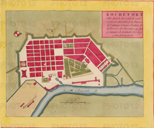 Rochefort ville dont le port et l'arcenal sont considerables, Map of Rochefort, area plan, print, album page, This print is part of an album., printmaker, colorer (graphic design artist), The Hague, paper, engraving, hand coloring, hand colored, cut off within the plate edge and mounted in a hand-colored frame, height 208 mm x width 271 mm, height 532 mm x width 320 mm, Card used in: Fer, Nicolas de. Les forces de l'Europe. 8 parts. Paris: Nicolas de Fer, 1690-1695. Mortier, Pieter. Les forces de l'Europe. 10 parts. Amsterdam: Pieter Mortier, ca. 1700, maps of cities, Rochefort (France), A colored map section showing a fortified town with angular bastions and a grid of rectangular blocks filled in pale red, bordered by a green rampart and beige outer area, a river with blue water flowing along the lower edge, a compass rose near the top left, a boxed cartouche in pink at the upper right, small gardens and tree-filled plots rendered in green within the town, elongated red-roofed buildin...