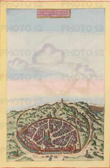 Nemasus, Nismes, civitas Narbonensis Galliae vetustissima, View of Nîmes from a bird's-eye perspective, print, album page, This print is part of an album., printmaker, after design by, publisher, colorer (graphic design artist), Amsterdam, The Hague, Joris Hoefnagel, Johannes Janssonius, paper, engraving, etching, hand coloring, etching and engraving, hand-colored, cut within the plate edge and pasted in a hand-colored frame, title cut out of the image and glued above, surrounding sky and clouds hand-painted, height 365 mm x width 233 mm, height 532 mm x width 320 mm, This print has been used in several atlases. Among others in: Braun, Georg & Frans Hogenberg. Civitates orbis terrarum. Slsn, 1572 (and in the later editions of 1574 and 1575), and in: Theatrum exhibens celebriores Galliae et Helvetae urbes. Amsterdam: Johannes Janssonius, 1657., city-view in general, 'veduta', Nîmes, A hand-colored illustration of a walled circular city seen from an elevated viewpoint, surrounded by coun...