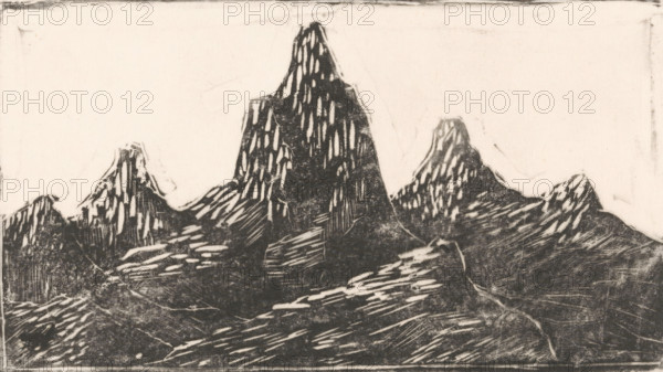Mountain landscape (original title), print, inscription: 'No 6', printmaker: Janus de Winter (signed by artist), 1892 - 1951, paper, Japanese paper (handmade paper), linocut, height 193 mm x width 306 mm, mountains, A monochrome print showing a range of jagged mountains against a pale sky, with a tall central peak flanked by smaller, steep peaks, textured rock faces rendered with bold, hatched strokes and areas of scraped white suggesting ridges and highlights, a rough foreground of sloping, striated terrain, and a lightly mottled border framing the scene.