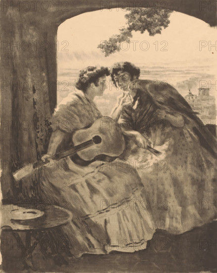 Two Spanish women with guitar and a parrot, print, printmaker: Alexandre Lunois (signed by artist), 1893 - 1916, paper, lithography, height 458 mm x width 305 mm, sitting figure - AA - female human figure, cithern, mandolin, guitar, balalaika - CC - out of doors, ornamental birds: parrot (man and animal), A charcoal-toned scene of two women seated closely in a shaded archway looking toward each other, one holding a guitar across her lap and the other's face turned inward, draped garments with soft folds and shadows, a tree branch extending into the upper opening, a distant landscape visible through the arch with low buildings on the horizon, and a small round table with two circular plates at the lower left.