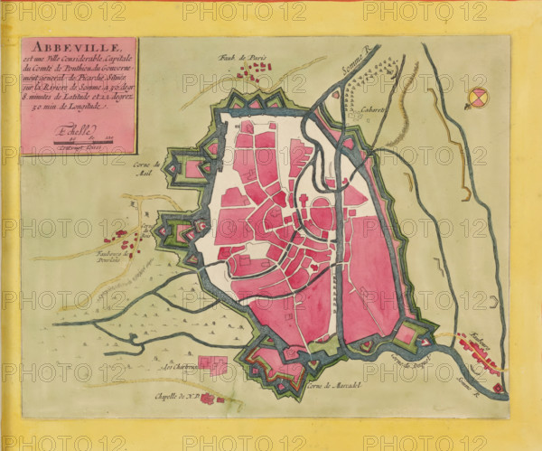 Abbeville is a considerable city, capital of the County of Ponthieu, Map of Abbeville, area plan, print, album page, This print is part of an album., printmaker, colorer (graphic design artist), The Hague, paper, engraving, etching, hand coloring, etching and engraving, hand-colored, cut within the plate edge and pasted onto an album page within a hand-colored frame, height 211 mm x width 268 mm, height 532 mm x width 318 mm, This map was used in, among others: Les forces de l'Europe. Paris: Nicolas de Fer, 1690-1695, and in: Les forces de l'Europe. 10 vols. Amsterdam: Pieter Mortier, ca. 1700., maps of cities, Abbeville, A colored map fragment showing a fortified town with irregular star-shaped outer walls and bastions shaded in green and outlined in dark ink, an inner area filled with contiguous blocks of pink shapes representing buildings divided by white streets, and a river with dark blue winding channels flowing along and through the town. The surrounding landscape is pale beige ...