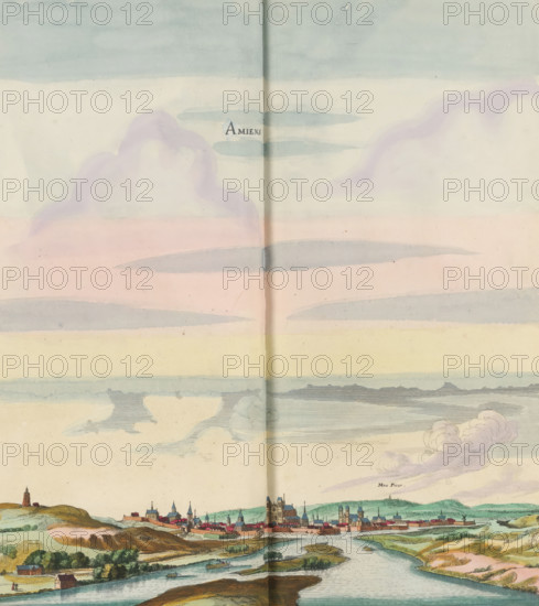 Amiens, View of Amiens from a bird's-eye perspective, print, album page, This print is part of an album., after drawing by Jan Peeters (I), publisher: Caspar Merian, Frankfurt am Main, colorer (graphic design artist): Anna Beeck, The Hague, 1656, Jan Peeters (I), Caspar Merian, Anna Beeck, printmaker, after drawing by, publisher, colorer (graphic design artist), Hessen, paper, engraving, etching, hand coloring, etching and engraving, hand-colored, cut within the plate edge and pasted in a hand-colored frame, title cut out of the image and glued above, surrounding sky and clouds hand-painted, height 337 mm x width 305 mm, height 532 mm x width 640 mm, A wide horizontal view shows a pastel sky with layered bands of pale blue, pink, and cream and soft rounded clouds in muted lavender and gray, with thin horizontal cloud streaks higher up; below the sky a distant fortified town with multiple spires and towers sits amid rolling green hills, enclosed walls and clustered buildings rendered in...