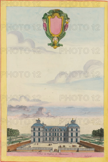 Veuë du chasteau de Blerancourt, View of Blérancourt Castle, Views of various castles and landscapes, Livre de diverses veuës, perspectives, et paysages faicts sur le naturel, print, album page, This print is part of an album., printmaker: Jean Marot (I), printmaker: Jean Lepautre, after design by Israël Silvestre, publisher: Israël Henriet, Paris, colorer (graphic design artist): Anna Beeck, The Hague, 1651, colorer (graphic design artist), paper, etching, hand coloring, hand colored, cut inside plate edge and mounted in a hand-colored frame, coat of arms cut out of the image and above it glued, surrounded by hand-painted sky and clouds, height 388 mm x width 251 mm, height 532 mm x width 318 mm, A vertical illustration framed by a pale yellow border shows a clear sky with soft, layered clouds in pastel blues and pinks, and a decorative cartouche near the top featuring an ornate green and gold frame with a blank pink central panel flanked by two small, draped figures and a cherubic fa...