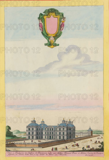 Veuë et perspective du chasteau de Blerancourt, View of the castle of Blérancourt, Views of various castles and landscapes, Livre de diverses veuës, perspectives, et paysages faicts sur le naturel, print, album page, This print is part of an album., printmaker: Jean Marot (I), printmaker: Jean Lepautre, after design by Israël Silvestre, publisher: Israël Henriet, Paris, colorer (graphic design artist): Anna Beeck, The Hague, 1650, colorer (graphic design artist), paper, etching, hand coloring, hand colored, cut inside plate edge and pasted in a hand-colored frame, coat of arms cut out of the image and glued on top, air and clouds hand-painted around it, height 385 mm x width 252 mm, height 532 mm x width 318 mm, A tall, pale sky with soft blue and pink tones fills most of the image, with a single fluffy cloud near the upper center and a decorative shield-like cartouche with green and gold scrollwork and two small painted figures near the top edge; below, a grand multi-story building wi...