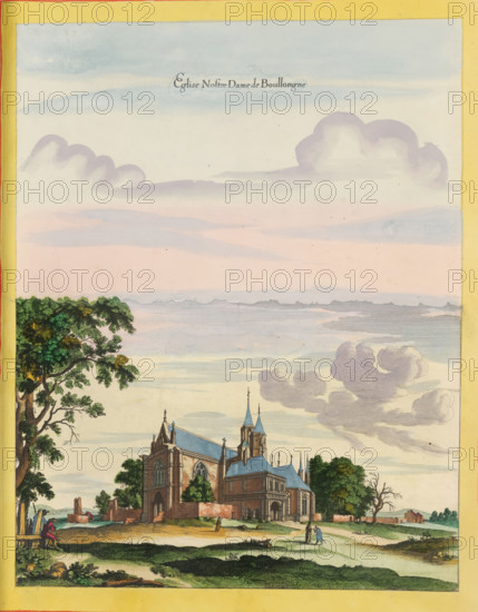 View of the Basilica of Our Lady in Boulogne-sur-Mer, Eglise Nostre Dame de Boullongne, print, album page, This print is part of an album., after drawing by Jan Peeters (I) (possibly), publisher: Caspar Merian, Frankfurt am Main, colorer (graphic design artist): Anna Beeck, The Hague, 1656, printmaker, colorer (graphic design artist), Hessen, paper, engraving, etching, hand coloring, etching and engraving, hand-colored, cut within the plate edge and pasted in a hand-colored frame, title cut out of the image and glued above, surrounding sky and clouds hand-painted, height 364 mm x width 282 mm, height 532 mm x width 321 mm, A wide pastel sky with layered clouds in soft blues, pinks, and purples fills the upper area above a landscape; below, a large stone church with pointed blue roofs, arched windows, buttresses, and ornate spires stands amid green trees and a low brick wall, with a few small figures walking near its entrance and along a dirt path; to the left, a tall leafy tree frames ...