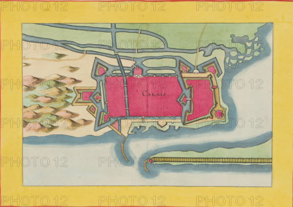 Fortress map of Calais, Calais, area plan, print, album page, This print is part of an album., after design by Matthäus Merian (II), publisher: Caspar Merian, Frankfurt am Main, colorer (graphic design artist): Anna Beeck, The Hague, 1656, printmaker, colorer (graphic design artist), Hessen, paper, engraving, etching, hand coloring, height 185 mm x width 282 mm, height 532 mm x width 317 mm, Card from: Zeiller, vol. 2, after p. 18., maps of cities, A hand-colored map fragment showing a fortified town with geometric bastions in bright pink and outlined defenses in blue and green, surrounded by waterways and a pale yellow border; a sandy area with stylized low hills in muted greens, pinks, and browns appears to the left, while a textured blue sea with irregular lighter patches runs along the right and bottom edges; narrow channels and bridges connect the fortifications, and a long pier or breakwater extends into the water from the lower right, ending in a small circular fortification.