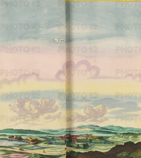 View of la Capelle-lès-Boulogne, La Capelle, print, album page, This print is part of an album., after drawing by Jan Peeters (I), publisher: Caspar Merian, Frankfurt am Main, colorer (graphic design artist): Anna Beeck, The Hague, 1656, printmaker, colorer (graphic design artist), Hessen, paper, engraving, etching, hand coloring, height 323 mm x width 308 mm, height 532 mm x width 636 mm, A wide landscape scene with a pastel sky blending blue, pink, and yellow tones and scattered soft, rounded clouds; below the sky, rolling green hills and distant ridges extend across the image with layered shading; a fortified town with clustered buildings and red roofs sits near a body of water with defensive walls and geometric earthworks; small structures and a pier line the water’s edge and low islands or sandbanks are visible in the water; in the foreground a dirt path runs along grassy areas where a rider on horseback and a couple of small walking figures are present; fine linework suggests tex...