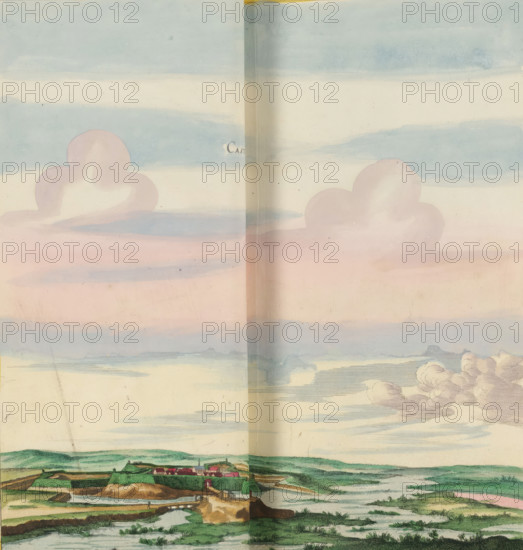 View of Le Catelet, Castelet, print, album page, This print is part of an album., after drawing by Jan Peeters (I), publisher: Caspar Merian, Frankfurt am Main, colorer (graphic design artist): Anna Beeck, The Hague, 1656, printmaker, colorer (graphic design artist), Hessen, paper, engraving, etching, hand coloring, etching and engraving, hand-colored, cut within the plate edge and pasted in a hand-colored frame, title cut out of the image and glued above, surrounding sky and clouds hand-painted, height 304 mm x width 309 mm, height 532 mm x width 636 mm, A wide landscape view with a pale sky filled with horizontal bands of soft blue and pink clouds, two large rounded pink cloud shapes near the top and wispy lined clouds off to the side, a vertical fold line slightly off center running from top to bottom, a distant strip of green hills along the horizon, and a foreground of marshy fields with green grasses, winding waterways, earthen embankments, and a small cluster of buildings with r...