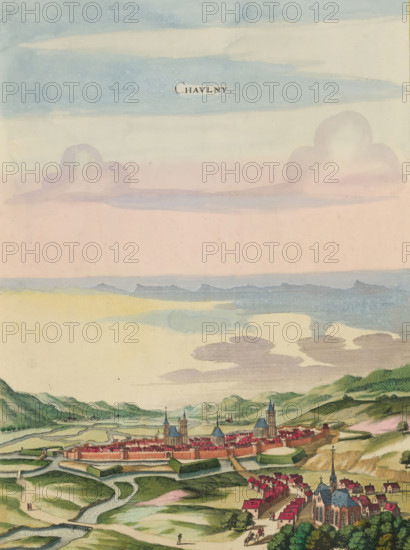 View of Chauny, Chaulny, print, album page, This print is part of an album., after drawing by Jan Peeters (I) (possibly), publisher: Caspar Merian, Frankfurt am Main, colorer (graphic design artist): Anna Beeck, The Hague, 1656, printmaker, colorer (graphic design artist), Hessen, paper, engraving, etching, hand coloring, etching and engraving, hand-colored, cut within the plate edge and pasted in a hand-colored frame, title cut out of the image and glued above it, surrounding sky and clouds hand-painted, height 381 mm x width 280 mm, height 532 mm x width 318 mm, A wide painted landscape shows a fortified town with red-roofed buildings and prominent church towers surrounded by walls and water-filled defensive earthworks, set against rolling green hills and small clusters of houses; winding pale paths and streams cross the foreground where a few small figures and riders are visible, and a larger church with a tall steeple stands near the lower right; above the town the sky displays lay...
