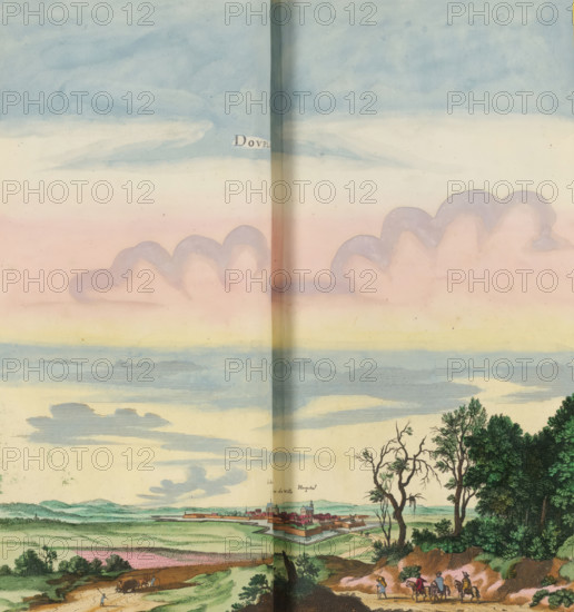 View of Doullens, Dourlans, print, album page, This print is part of an album., after drawing by Jan Peeters (I), publisher: Caspar Merian, Frankfurt am Main, colorer (graphic design artist): Anna Beeck, The Hague, 1656, printmaker, colorer (graphic design artist), Hessen, paper, engraving, etching, hand coloring, etching and engraving, hand-colored, cut within the plate edge and pasted in a hand-colored frame, title cut out of the image and glued above it, surrounding sky and clouds hand-painted, height 312 mm x width 309 mm, height 532 mm x width 633 mm, A pastel sky with layered clouds in soft blues, pinks, and yellows stretches across the top, with rounded pinkish cloud forms near the center and thin horizontal cloud bands lower down; a vertical seam runs down the middle of the image. Below the sky, a distant walled town with clustered buildings and a river or moat sits amid rolling green fields and low hills. In the foreground on the right, tall trees with dense dark green foliage...