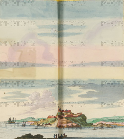 View of Etaples, Estaples, print, album page, This print is part of an album., after drawing by Jan Peeters (I), publisher: Caspar Merian, Frankfurt am Main, colorer (graphic design artist): Anna Beeck, The Hague, 1656, printmaker, colorer (graphic design artist), Hessen, paper, engraving, etching, hand coloring, etching and engraving, hand-colored, cut within the plate edge and pasted in a hand-colored frame, title cut out of the image and glued above, surrounding sky and clouds hand-painted, height 321 mm x width 308 mm, height 532 mm x width 632 mm, A wide watercolor landscape showing a pale sky with horizontal bands of soft blue and pink, scattered wispy clouds, and a faint central vertical crease; below, a coastal scene with a rocky, green-and-brown headland topped by a walled settlement and tall spire, small buildings along the shoreline, several sailing ships and rowboats on calm water, and tiny groups of figures on the beach and in a small boat.