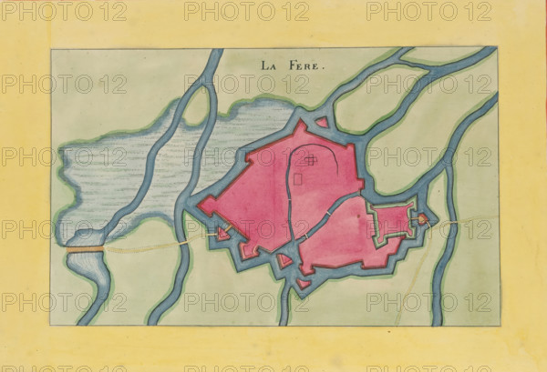 La Fere, Fortress map of La Fère, area plan, print, album page, This print is part of an album., after design by Matthäus Merian (II), publisher: Caspar Merian, Frankfurt am Main, colorer (graphic design artist): Anna Beeck, The Hague, 1656, printmaker, colorer (graphic design artist), Hessen, paper, engraving, etching, hand coloring, etching and engraving, hand colored, cut inside the plate edge and mounted in a hand-colored frame, height 178 mm x width 281 mm, height 532 mm x width 318 mm, A hand-drawn map with a pale yellow border surrounding a rectangular inner area, featuring a central irregularly shaped pink fortress outlined in dark lines and surrounded by blue moats and waterways; the waterways flow in curving paths and include shaded green edges and patterned blue areas, with bridges indicated by short tan segments; the interior of the fortress shows simple linear markings and small geometric shapes, and the map background within the rectangle is a pale green wash with faint t...