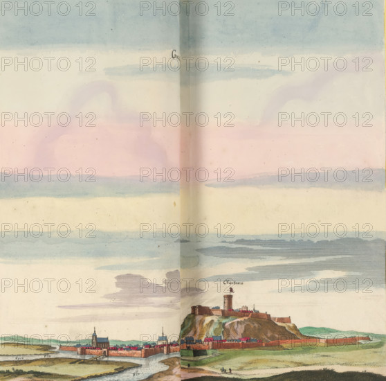View of Guise, Guise, print, album page, This print is part of an album., after drawing by Jan Peeters (I), publisher: Caspar Merian, Frankfurt am Main, colorer (graphic design artist): Anna Beeck, The Hague, 1656, printmaker, colorer (graphic design artist), Hessen, paper, engraving, etching, hand coloring, etching and engraving, hand-colored, cut within the plate edge and pasted in a hand-colored frame, title cut out of the image and glued above it, surrounding sky and clouds hand-painted, height 289 mm x width 308 mm, height 532 mm x width 633 mm, A wide landscape showing a coastal town and fortress on a rocky hill with colored rooftops and a tall round tower flying a flag, low walls and buildings extending along the shoreline, a river or inlet flowing toward the foreground with banks and grassy areas, a few small figures on the land near the water, distant low hills in the background, and a large sky above filled with layered pale clouds in blue, pink, and cream tones.