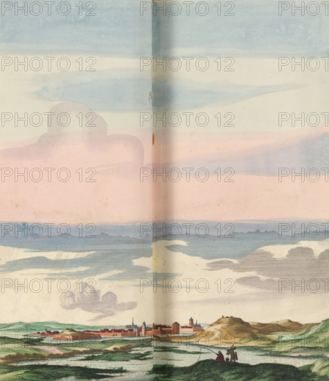 View of Han-sur-Meuse, Han, print, album page, This print is part of an album., after drawing by Jan Peeters (I), publisher: Caspar Merian, Frankfurt am Main, colorer (graphic design artist): Anna Beeck, The Hague, 1656, printmaker, colorer (graphic design artist), Hessen, paper, engraving, etching, hand coloring, etching and engraving, hand-colored, cut within the plate edge and pasted in a hand-colored frame, title cut out of the image and glued above it, surrounding sky and clouds hand-painted, height 323 mm x width 310 mm, height 532 mm x width 636 mm, A wide horizontal scene shows layered bands of pale sky colors with soft gradients of blue, cream, and pink, with faint horizontal streaks and a vertical fold line down the center; below these bands are thin, linear cloud formations and a single larger cloud with curved, shaded contours; beneath the sky a distant town with clustered buildings and towers sits along a shoreline, rendered in muted reds and browns, with a fortified wall ...