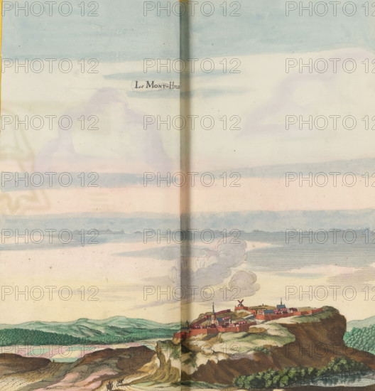 Le Mont-Hulin, View of Mont Hulin, print, album page, This print is part of an album., after drawing by Jan Peeters (I), publisher: Caspar Merian, Frankfurt am Main, colorer (graphic design artist): Anna Beeck, The Hague, 1656, printmaker, colorer (graphic design artist), Hessen, paper, engraving, etching, hand coloring, etching and engraving, hand-colored, cut within the plate edge and pasted in a hand-colored frame, title cut out of the image and glued above it, sky and clouds hand-painted around it, height 303 mm x width 304 mm, height 532 mm x width 637 mm, A wide, faded sky with horizontal bands of pale blue and pink stretches above a distant hilltop town; wispy clouds drift across the center and lower sky while a column of finely lined smoke rises near the town. Below the sky, rolling green hills and a patchwork of cultivated fields lead to a rocky promontory where clustered buildings with red roofs, towers, and a windmill sit within defensive walls. The foreground shows layered ...