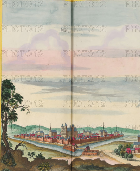 View of Noyon, Noyon, print, album page, This print is part of an album., after drawing by Jan Peeters (I), publisher: Caspar Merian, Frankfurt am Main, colorer (graphic design artist): Anna Beeck, The Hague, 1656, printmaker, colorer (graphic design artist), Hessen, paper, engraving, etching, hand coloring, etching and engraving, hand-colored, cut within the plate edge and pasted in a hand-colored frame, title cut out of the image and glued above it, surrounding sky and clouds hand-painted, height 327 mm x width 280 mm, height 532 mm x width 634 mm, A wide panoramic scene shows a fortified town with walls and towers surrounded by water and rolling green hills, with clustered buildings and several prominent church or cathedral structures rising above the red and blue rooftops; in the foreground a river and embankments lead to a small bridge and waterworks, and grassy, rocky terrain with trees frames the lower edges while a large leafy tree stands on the left; the sky above is layered w...