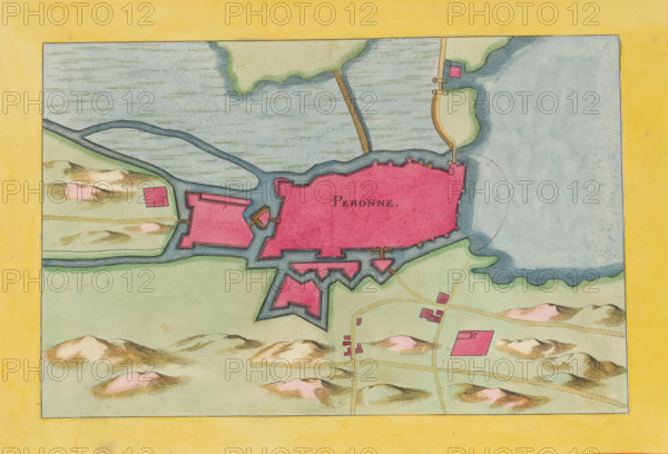 Peronne, Fortress map of Péronne, area plan, print, album page, This print is part of an album., after design by Matthäus Merian (II), publisher: Caspar Merian, Frankfurt am Main, colorer (graphic design artist): Anna Beeck, The Hague, 1656, printmaker, colorer (graphic design artist), Hessen, paper, engraving, etching, hand coloring, etching and engraving, hand colored, cut inside the plate edge and mounted in a hand-colored frame, height 185 mm x width 281 mm, height 532 mm x width 319 mm, A colored map segment framed by a wide yellow border shows a fortified pink irregularly shaped enclosure with angular bastions and surrounding blue water features, connected by narrow waterways to a larger pale blue body of water on the right. Green land areas with shaded, rounded hills in tan and pink tones surround the fortifications, with small detached pink rectangular buildings scattered on the land. Thin brown paths link some structures and lead toward the fortified area. The water surfaces a...