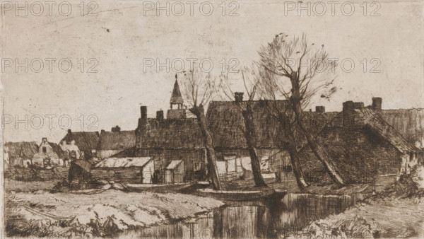 Village view, print, printmaker: Chris van der Windt, 1887 - 1952, paper, etching, drypoint, intaglio printmaking technique, height 139 mm, width 243 mm, prospect of village, silhouette of village, A sepia-toned etching shows a row of old houses with steep, pitched roofs and chimneys clustered along a waterway, with bare trees rising among the buildings and their thin branches extending skyward; small boats sit at the water’s edge and one is moored alongside a simple wooden dock, while laundry hangs to dry between structures and a bell tower with a pointed roof rises behind the roofs; reflections of the buildings and boats appear in the still water in the foreground, and the sky above is mostly empty with faint marks and speckles.