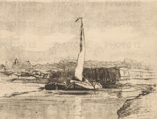 Sailing with two ships, print, printmaker: Chris van der Windt (signed by artist), 1887 - 1952, paper, crayon manner, height 125 mm x width 165 mm, canal, boat propelled by man or animal, A grainy monochrome sketch showing a shoreline scene with a tall, narrow vertical mast rising near the center, a sail or cloth attached along its length, and a small boat or dinghy resting on the shore in front of darker shaded forms. Low, textured land stretches across the middle distance with rough, stippled shading and indistinct structures, while the sky above is pale with soft, cloudlike horizontal smudges. The foreground shows sandy or muddy ground marked by horizontal strokes and shaded areas, and the overall image has a textured, sketchy quality from visible pencil or charcoal marks.