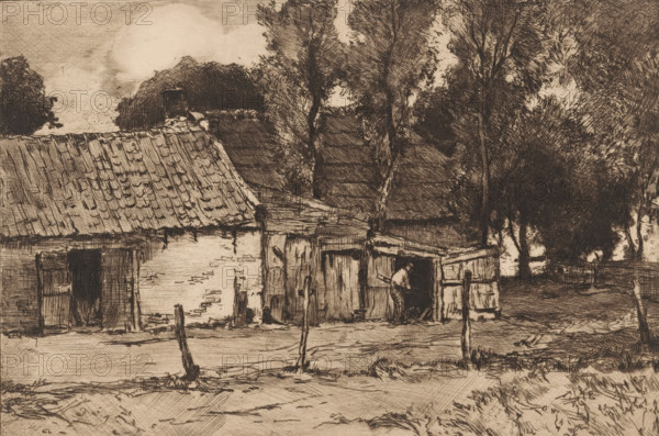 Farmhouse with barn, print, printmaker: Chris van der Windt (signed by artist), 1887 - 1952, paper, etching, roulette, intaglio printmaking technique, height 136 mm x width 199 mm, farm or solitary house in landscape, farm (building), barn, A sepia-toned etching shows a rustic scene with a low building featuring a tiled sloping roof and a rough exterior wall, an adjacent lean-to structure with wooden planks and an open doorway, and a person bending at the entrance of the lean-to. In front of the building a simple fence with upright posts runs across a dirt foreground. Behind and around the buildings are tall trees with dense foliage and textured trunks, and additional rooftops partly visible through the trees. The sky above is lightly shaded with cross-hatched marks.