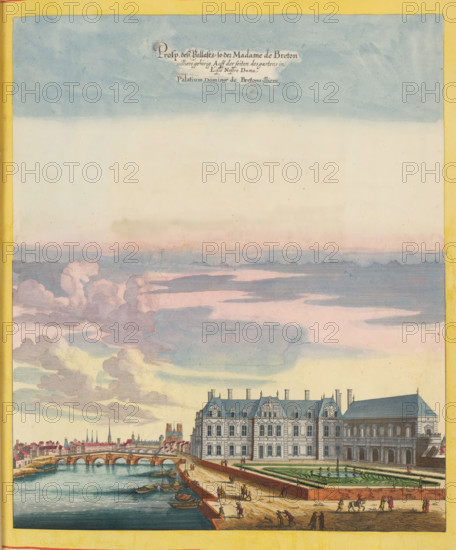 Prosp. dess Pallasts de Chevreuse wie solcher von aussen an zusehen, View of Hôtel de Bretonvilliers in Paris, print, album page, View of Hôtel de Bretonvilliers in Paris. On the left the river Seine and in the background Notre-Dame. Print is part of an album., printmaker: Matthäus Merian (II), Frankfurt am Main, Paris, colorer (graphic design artist): Anna Beeck, The Hague, 1655, colorer (graphic design artist), Hessen, paper, engraving, etching, hand coloring, tears, torn etching and engraving hand-colored in pink, green, blue, and yellow, pasted onto album page, a yellow frame with a red border around the image, height 333 mm x width 281 mm, height 536 mm x width 318 mm, Print originally produced as a book illustration for: Zeiller, Martin. Topographia Galliae, oder Beschreibung und Contrafaitung der vornehmbsten und bekantisten Oerter in dem mächtigen und grossen Königreich Frankreich, 13 vols. Frankfurt am Main: Caspar Merian, 1655-1661. The print was first published in part 1: To...