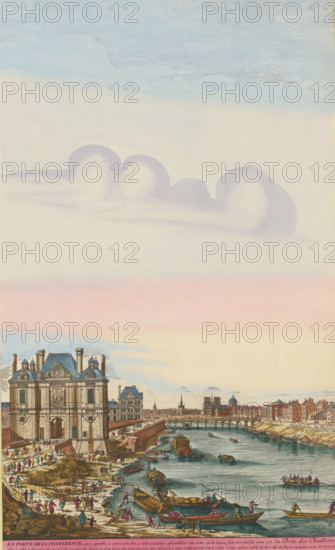 View of the Porte de la Conférence and the Seine, La Porte de la Conference, print, album page, View of the Porte de la Conférence on the left and the river Seine on the right. Print is part of an album., printmaker: Aldert Meyer, Northern Netherlands, after print by Nicolas Perelle, Paris, publisher: Carel Allard, Amsterdam, grantor of privilege: States of Holland and West Friesland, colorer (graphic design artist): Anna Beeck, The Hague, 1685 - 1695, Nicolas Perelle, after print by, colorer (graphic design artist), paper, etching, hand coloring, tearing, torn etching hand-colored in pink, green, blue, and yellow, pasted onto album page, a yellow frame with a red border around the image, height 436 mm x width 268 mm, height 535 mm x width 319 mm, The print is torn along the top edge of the image. The top part has been pasted higher, so that the sky has become higher and the size of the image matches the other large-format images in the album., village-gate, Porte de la Conférence, A w...
