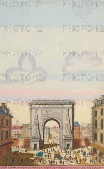 View of the Porte Saint-Denis triumphal arch in Paris, La Porte St Denis, print, album page, View of the Porte Saint-Denis triumphal arch in Paris. In the foreground various figures and a carriage. Print is part of an album., printmaker: Hugo Allard (I) (possibly), Northern Netherlands, after print by Nicolas Perelle, Paris, publisher: Carel Allard, Amsterdam, grantor of privilege: States of Holland and West Friesland, colorer (graphic design artist): Anna Beeck, The Hague, 1673 - 1709, Nicolas Perelle, after print by, colorer (graphic design artist), paper, etching, hand coloring, tearing, torn etching hand-colored in pink, green, blue, and yellow, pasted onto album page, a yellow frame with a red border around the image, height 435 mm x width 271 mm, height 535 mm x width 319 mm, The print is torn along the top edge of the image. The top part has been pasted higher, so that the sky has become higher and the size of the image matches the other large-format images in the album., triump...