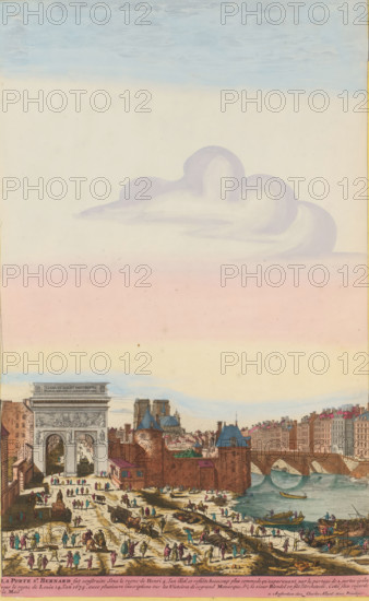 The Porte Saint Bernard, View of the Porte Saint-Bernard in Paris, print, album page, View of the Porte Saint-Bernard in Paris. In the foreground various walkers and horsemen. On the right, activity along the banks of the Seine. Print is part of an album., printmaker: Laurens Scherm, Northern Netherlands, after print by Nicolas Perelle, Paris, publisher: Carel Allard, Amsterdam, grantor of privilege: States of Holland and West Friesland, colorer (graphic design artist): Anna Beeck, The Hague, 1689 - 1701, Nicolas Perelle, after print by, colorer (graphic design artist), paper, etching, hand coloring, tearing, torn etching hand-colored in pink, green, blue, and yellow, pasted onto album page, a yellow frame with a red border around the image, height 435 mm x width 271 mm, height 535 mm x width 319 mm, The print is torn along the top edge of the image. The top part has been pasted higher, so that the sky has become higher and the size of the image matches the other large-format images in...