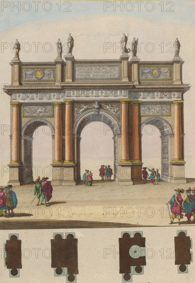 First triumphal arch in the Faubourg Saint Antoine during the Joyous Entry of King Louis XIV of France and his wife Maria Theresa into Paris, print, album page, book illustration, First triumphal arch in the Faubourg Saint Antoine during the Joyous Entry of King Louis XIV of France and his wife Maria Theresa into Paris in 1660. Print is part of an album., printmaker: Jean Marot (I), Paris, colorer (graphic design artist): Anna Beeck, The Hague, 1660 - 1662, colorer (graphic design artist), paper, etching, hand coloring, etching hand-colored in pink, green, blue, and yellow, pasted onto album page, around the image a yellow frame with a red border, height 382 mm x width 266 mm, height 535 mm x width 335 mm, A large classical archway with three arched passageways framed by tall columns topped with decorative capitals and ornate entablatures stands centrally on a flat paved foreground, the archway rendered in warm ochre and muted pink tones with carved relief panels and sculpted figures a...