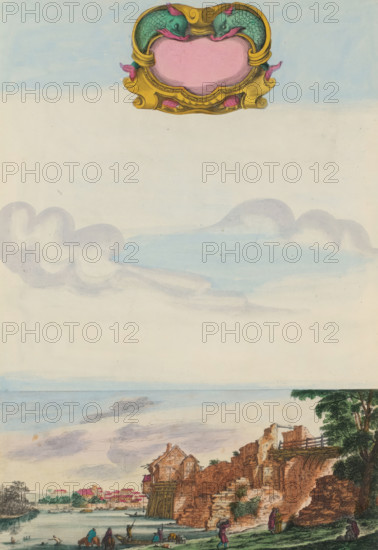 View of the Roman bridge at Charenton, Veües et Perspective du Village et du Pont de Charenton, print, album page, View of the Roman bridge over the Seine at Charenton just outside Paris. In the sky an ornamental cartouche. Print is part of an album., printmaker: Israël Silvestre, Paris, publisher: Israël Henriet, grantor of privilege: Louis XIV (King of France), colorer (graphic design artist): Anna Beeck, The Hague, 1631 - 1661, colorer (graphic design artist), paper, etching, hand coloring, tears, torn etching hand-colored in pink, green, blue, and yellow, pasted onto album page, a yellow frame with a red border around the image, height 371 mm x width 254 mm, height 535 mm x width 335 mm, bridge, Charenton-le-Pont, A pale sky fills most of the image with soft blue and cream tones and wispy lavender-gray clouds, and near the top a decorative cartouche in gold, and pink sits against the sky. Below, a coastal scene shows a wide body of water stretching to the horizon, with small boats ...