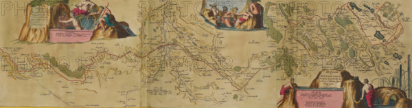 Map of the new canal from Pontgouin to Versailles, ca. 1693-1696, I. Partie du Nouveau Canal Fait pour la Conduite de la Riviere d'Eure depuis Pontgouin jusques a Versailles, II. Partie du Nouveau Canal Fait pour la Conduite de la Riviere d'Eure depuis Pontgouin jusques a Versailles, III. Partie du Nouveau Canal Fait pour la Conduite de la Riviere d'Eure depuis Pontgouin jusques a Versailles, print, album page, book illustration, Map of the new canal that carries water of the River Eure from Pontgouin to Versailles, ca. 1693-1696. With water nymphs and river gods. Print is part of an album., printmaker, publisher, colorer (graphic design artist), The Hague, Paris, France, paper, etching, hand coloring, etching hand-colored in pink, green, blue, and yellow, pasted onto an album page, surrounded by a yellow frame with a red border, height 202 mm x width 740 mm, height 536 mm x width 840 mm, Print originally produced as a book illustration for: Les forces de l'Europe, ou description des p...