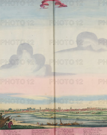 Profil de la ville de Paris, Panorama op de stad Parijs, print, album page, View of the city of Paris. In the foreground the river Seine. Below the image four four-line verses in French. Print is part of an album., printmaker: Israël Silvestre, Paris, grantor of privilege: French crown, colorer (graphic design artist): Anna Beeck, The Hague, 1631 - 1691, colorer (graphic design artist), paper, etching, hand coloring, tearing, torn etching hand-colored in pink, green, blue, and yellow, pasted onto album page, a yellow frame with a red border around the image, height 378 mm x width 310 mm, height 535 mm x width 630 mm, prospect of city, town panorama, silhouette of city, A wide, pastel-hued scene shows a distant city skyline along a riverbank beneath a broad sky; large soft clouds in muted gray and lavender float above a pale band of pink near the horizon, with lighter blue and cream tones higher up. Along the lower edge a narrow strip of shoreline and water is visible with small boats m...