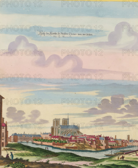 Prosp. of the Church of Notre Dame from the side of De la Tournelle, View of the side and choir of Notre-Dame in Paris, print, album page, View of the side and choir of the church of Notre-Dame in Paris. Print is part of an album., printmaker: Matthäus Merian (II), Frankfurt am Main, Paris, colorer (graphic design artist): Anna Beeck, The Hague, 1655, colorer (graphic design artist), Hessen, paper, engraving, etching, hand coloring, cracks, torn etching and engraving hand-colored in pink, green, blue and yellow, pasted on album page, around the scene a yellow frame with red border, height 333 mm x width 279 mm, height 534 mm x width 330 mm, Print originally produced as a book illustration for: Zeiller, Martin. Topographia Galliae, oder Beschreibung und Contrafaitung der vornehmbsten und bekantisten Oerter in dem mächtigen und grossen Königreich Frankreich, 13 vols. Frankfurt am Main: Caspar Merian, 1655-1661. The print was first published in part 1: Topographia Galliae, 1655., church (...