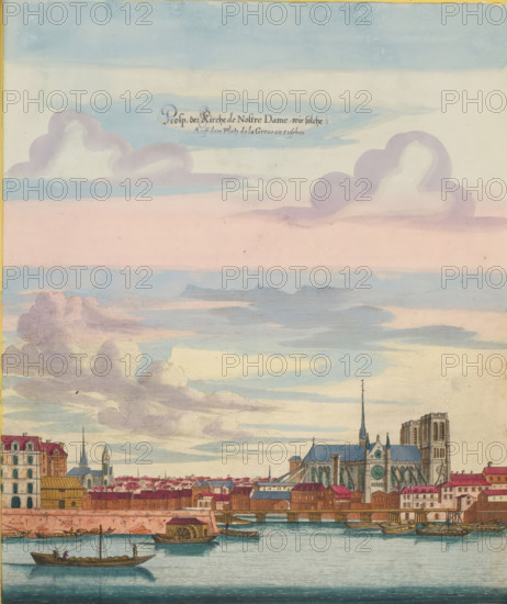 Prosp. der Kirche de Nostre Dame wie solche Auff dem Platz de la Greue an jijehen, View of the side of Notre-Dame from Place de Grève, print, album page, View of the side of Notre-Dame from Place de Grève in Paris. In the foreground the River Seine. Print is part of an album., printmaker: Matthäus Merian (II), Frankfurt am Main, Paris, colorer (graphic design artist): Anna Beeck, The Hague, 1655, colorer (graphic design artist), Hessen, paper, engraving, etching, hand coloring, cracks, torn etching and engraving hand-colored in pink, green, blue and yellow, pasted on album page, around the scene a yellow frame with red border, height 332 mm x width 283 mm, height 534 mm x width 330 mm, Print originally produced as a book illustration for: Zeiller, Martin. Topographia Galliae, oder Beschreibung und Contrafaitung der vornehmbsten und bekantisten Oerter in dem mächtigen und grossen Königreich Frankreich, 13 vols. Frankfurt am Main: Caspar Merian, 1655-1661. The print was first published i...