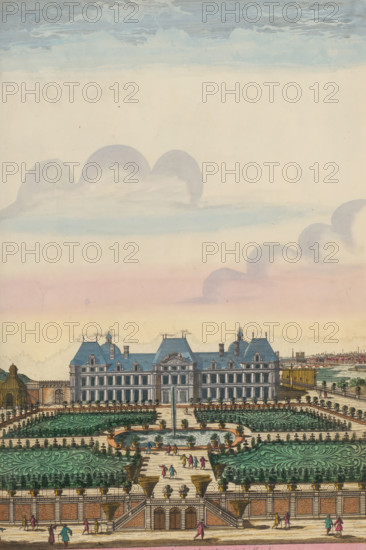 View and perspective of the Château de Meudon from the Garden Side, View of the Château de Meudon from the Gardens, print, album page, View of the Château de Meudon from the Gardens. Various figures in the gardens. Print is part of an album., printmaker: Pierre Aveline, Paris, colorer (graphic design artist): Anna Beeck, The Hague, 1675 - 1717, colorer (graphic design artist), paper, etching, hand coloring, tearing, torn etching hand-colored in pink, green, blue, and yellow, pasted onto album page, a yellow frame with a red border around the image, height 440 mm x width 309 mm, height 535 mm x width 328 mm, The print has been torn along the top edge of the image. The upper part has been pasted higher, so that the sky has become higher and the size of the image matches the other large-format images in the album. The image is supplemented at the top with a painted sky., castle, French or architectonic garden, formal garden, Meudon, Meudon Castle, A wide, formal garden with symmetrical pa...